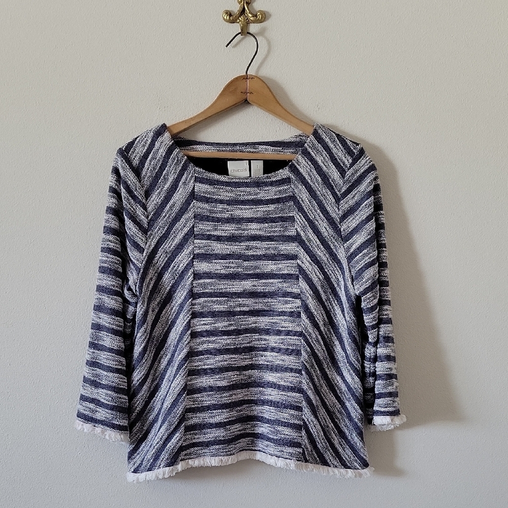 Chico's Navy White Striped Fringe Sweater Size Medium